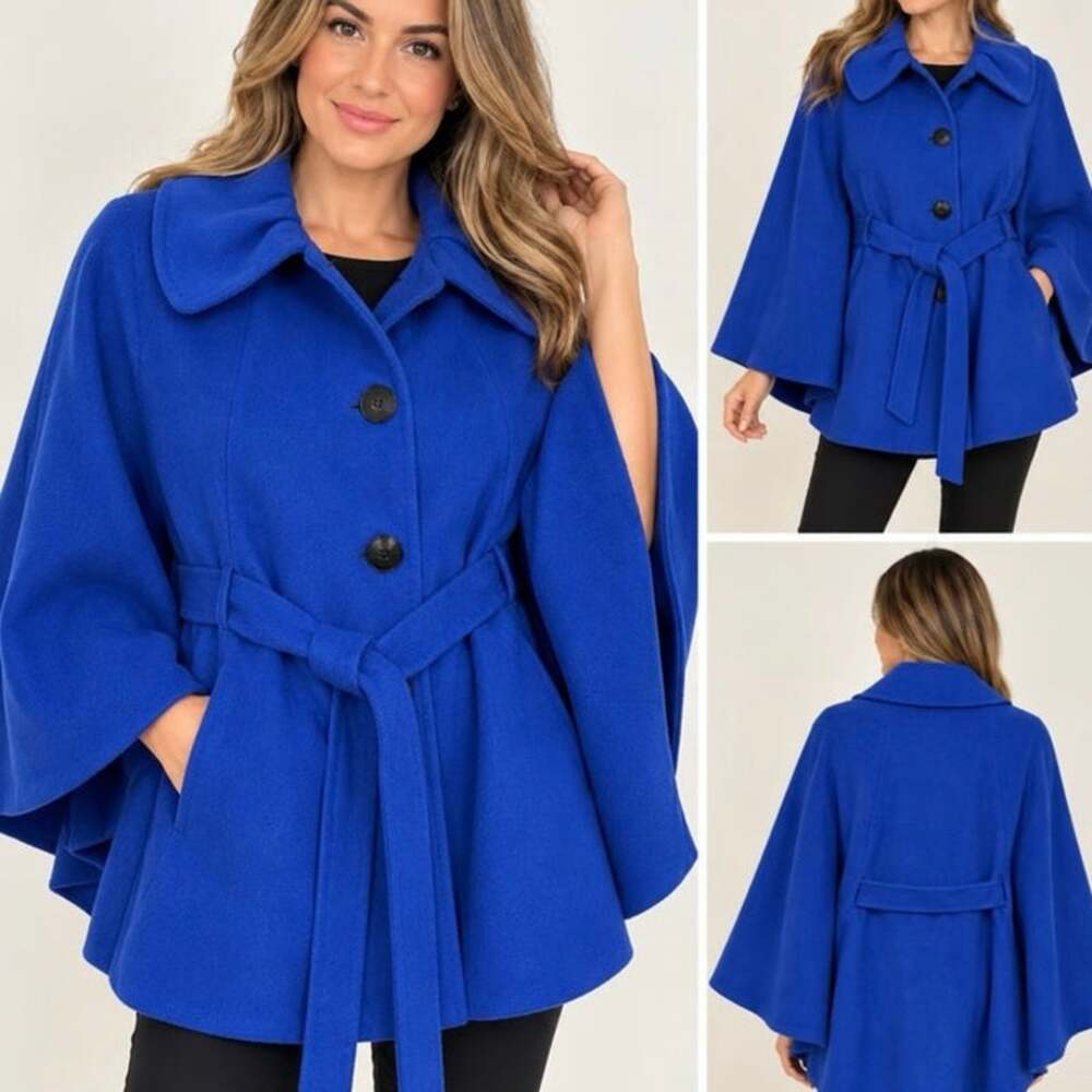 Ellen Tracy Cobalt BluebWool Blend Cape Coat XL Belted Poncho Jacket Statement